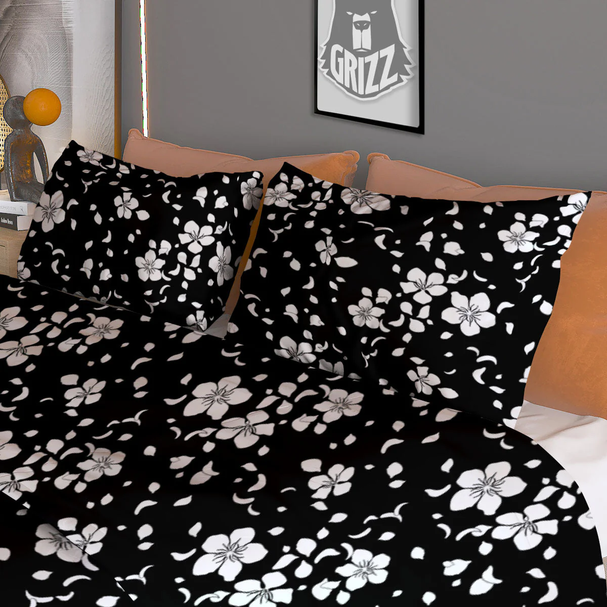 Cherry Blossom White And Black Print Duvet Cover Bedding Set - Image 3