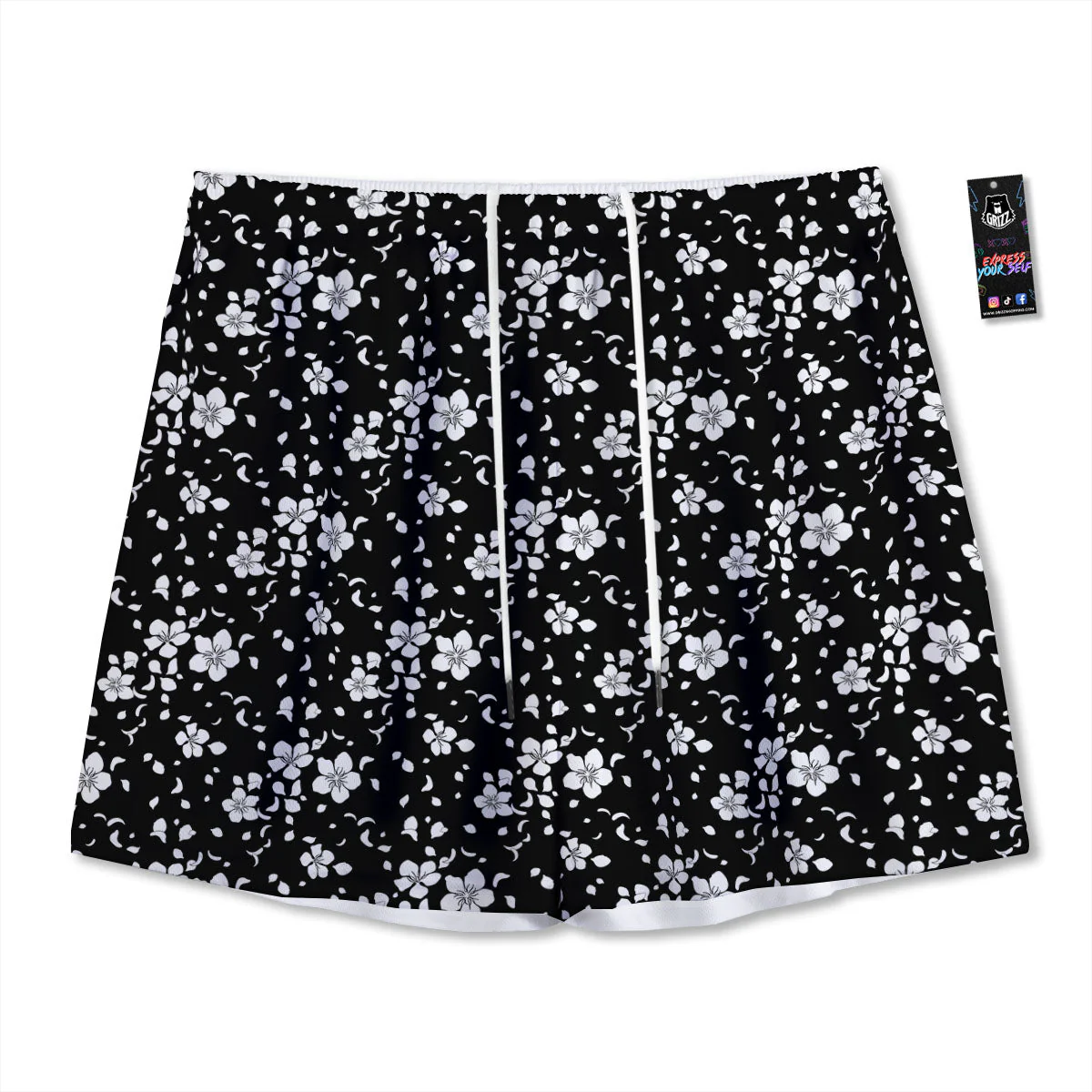 Cherry Blossom White And Black Print Mesh Shorts