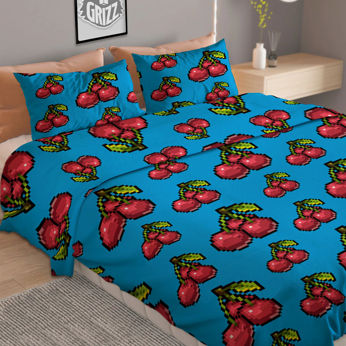 Cherry Pixel Print Pattern Duvet Cover Bedding Set - Image 2
