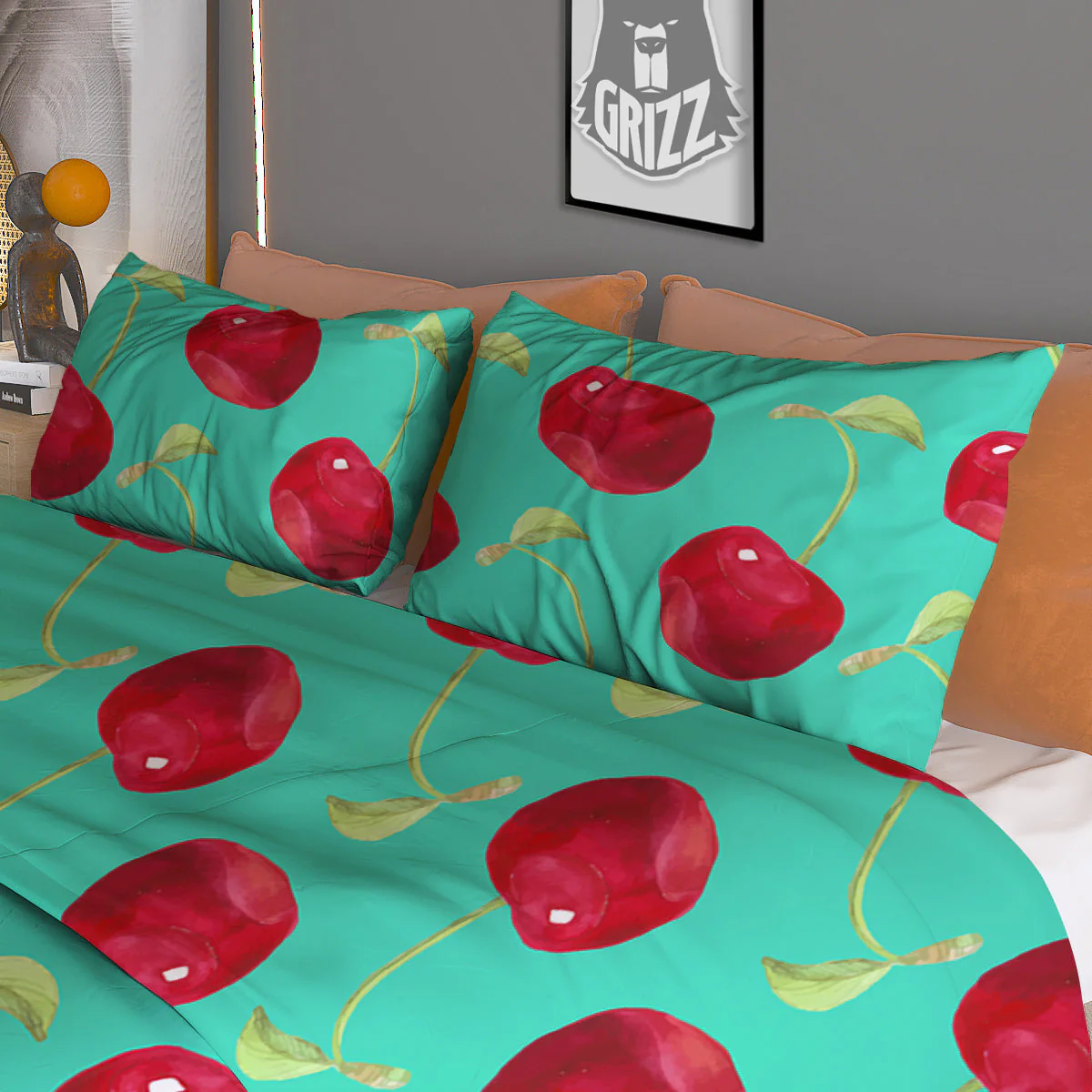 Cherry Watercolor Print Pattern Duvet Cover Bedding Set - Image 3