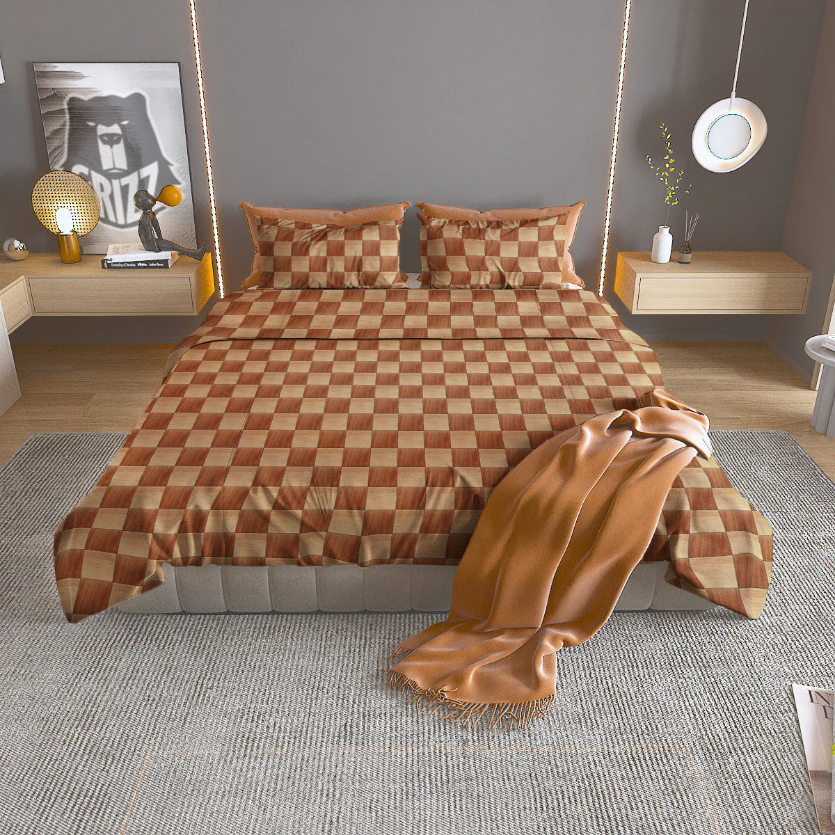 Chess Board Wood Print Pattern Duvet Cover Bedding Set