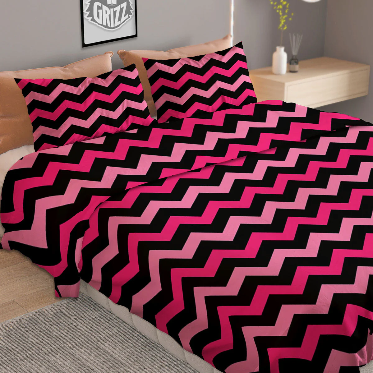 Chevron Black And Pink Print Pattern Duvet Cover Bedding Set - Image 2