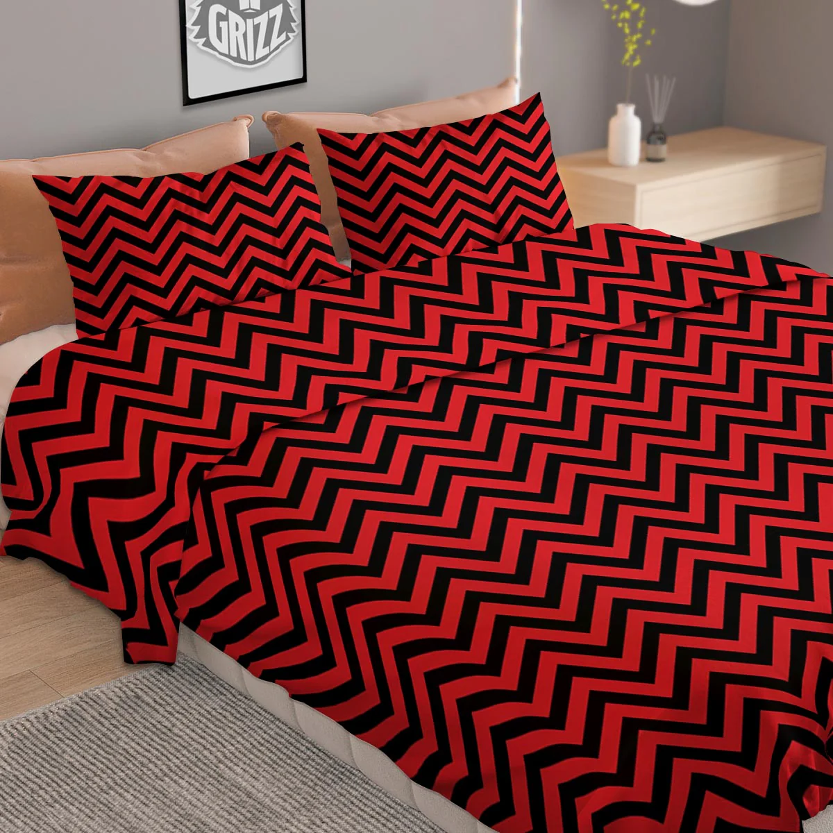 Chevron Black And Red Print Pattern Duvet Cover Bedding Set - Image 2