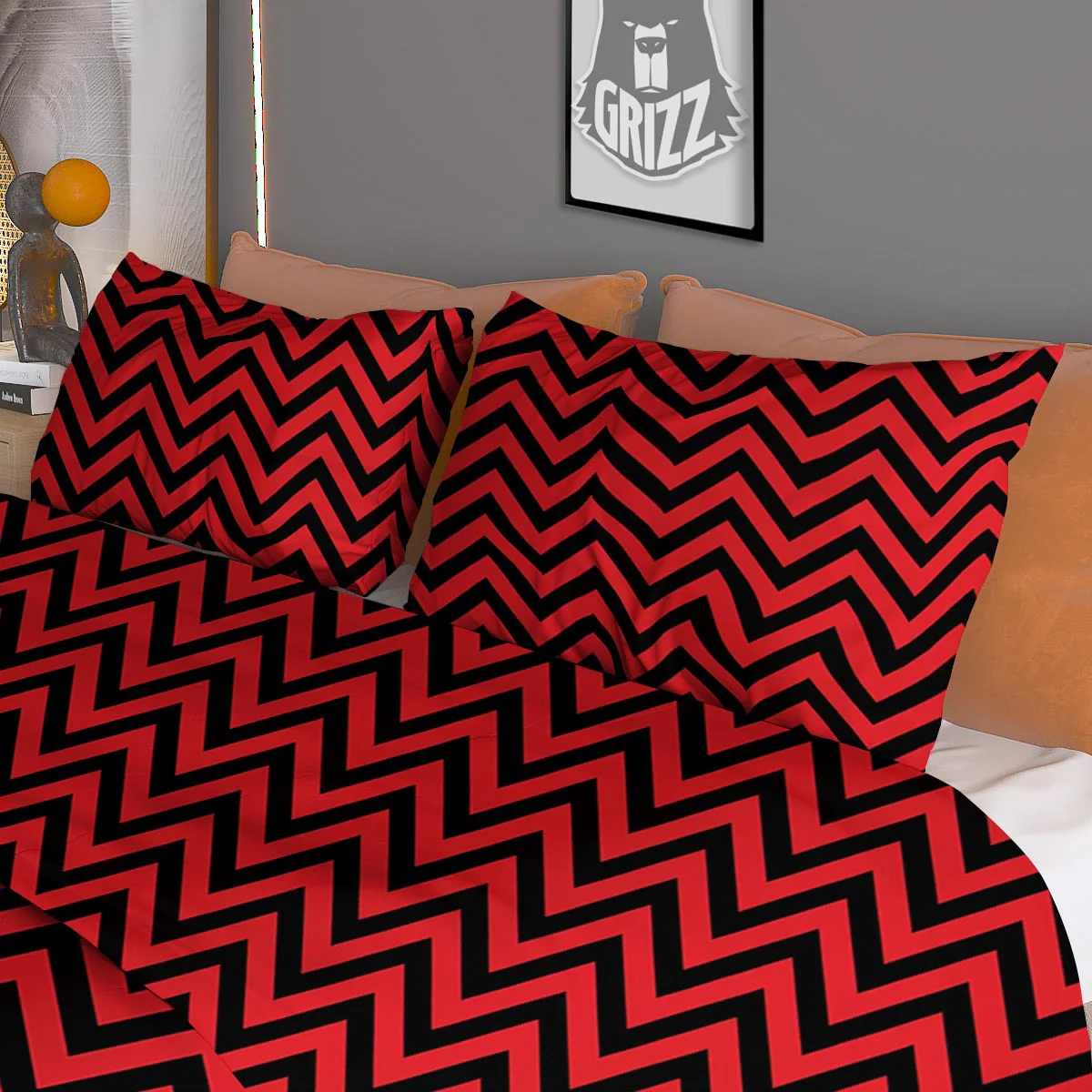 Chevron Black And Red Print Pattern Duvet Cover Bedding Set - Image 3