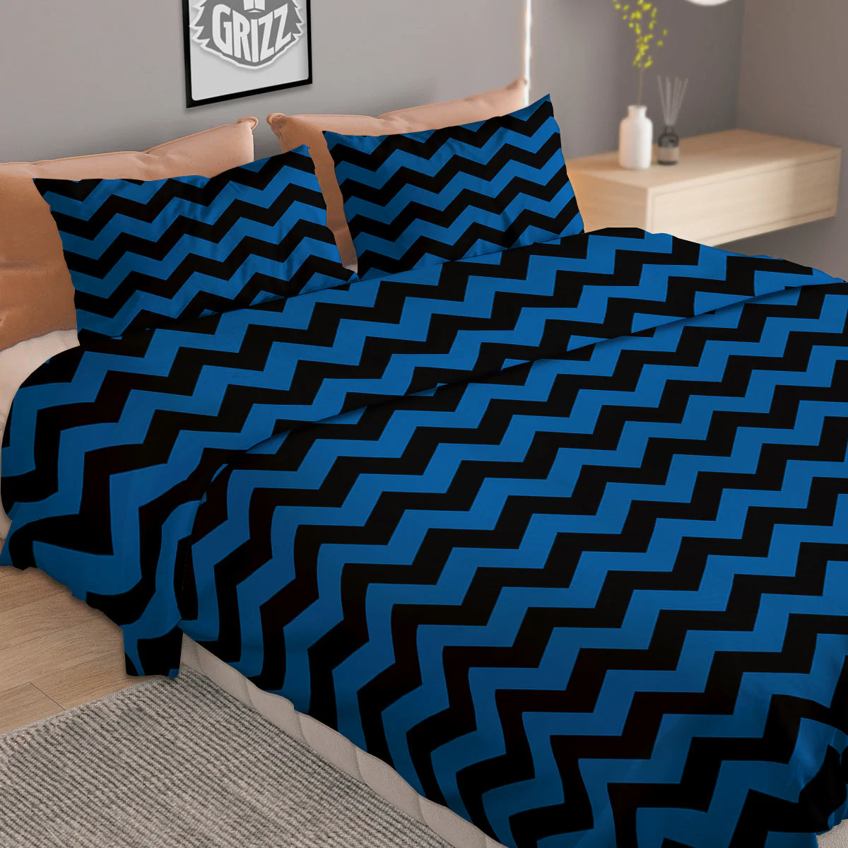 Chevron Blue And Black Print Pattern Duvet Cover Bedding Set - Image 2