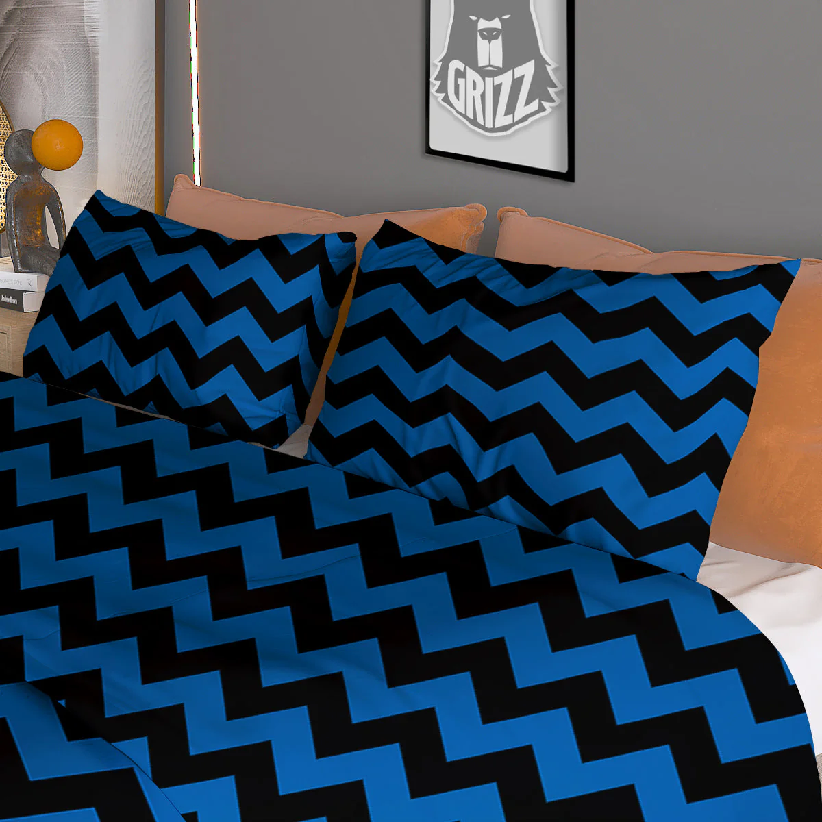 Chevron Blue And Black Print Pattern Duvet Cover Bedding Set - Image 3