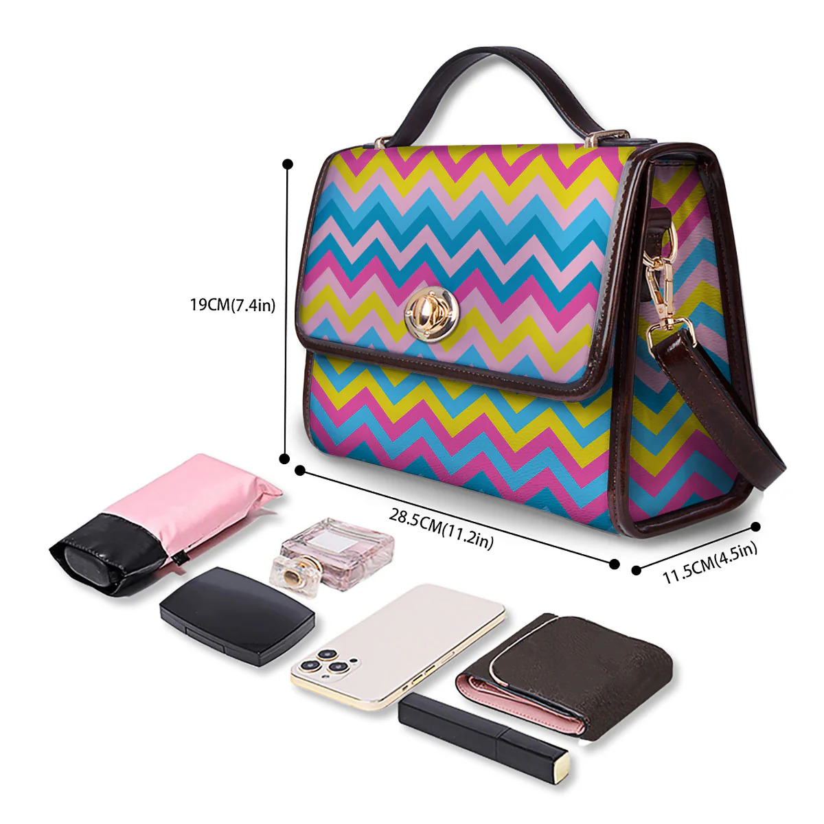 Chevron Rainbow Print Pattern Women's Satchel Bag - Image 4