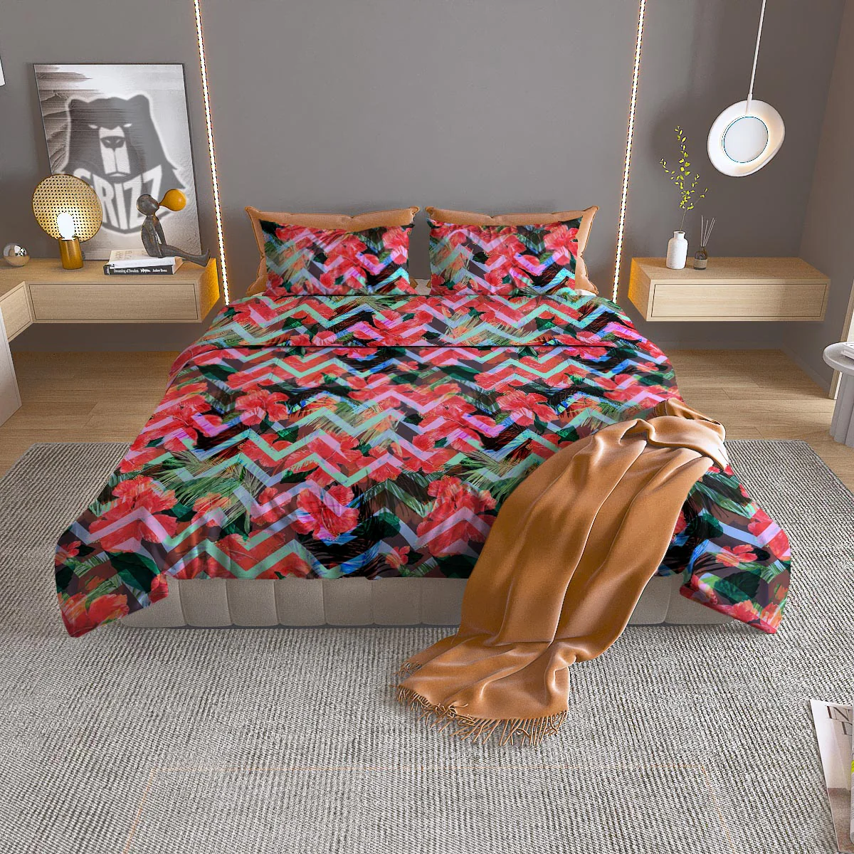 Chevron Red Hibiscus Print Pattern Duvet Cover Bedding Set