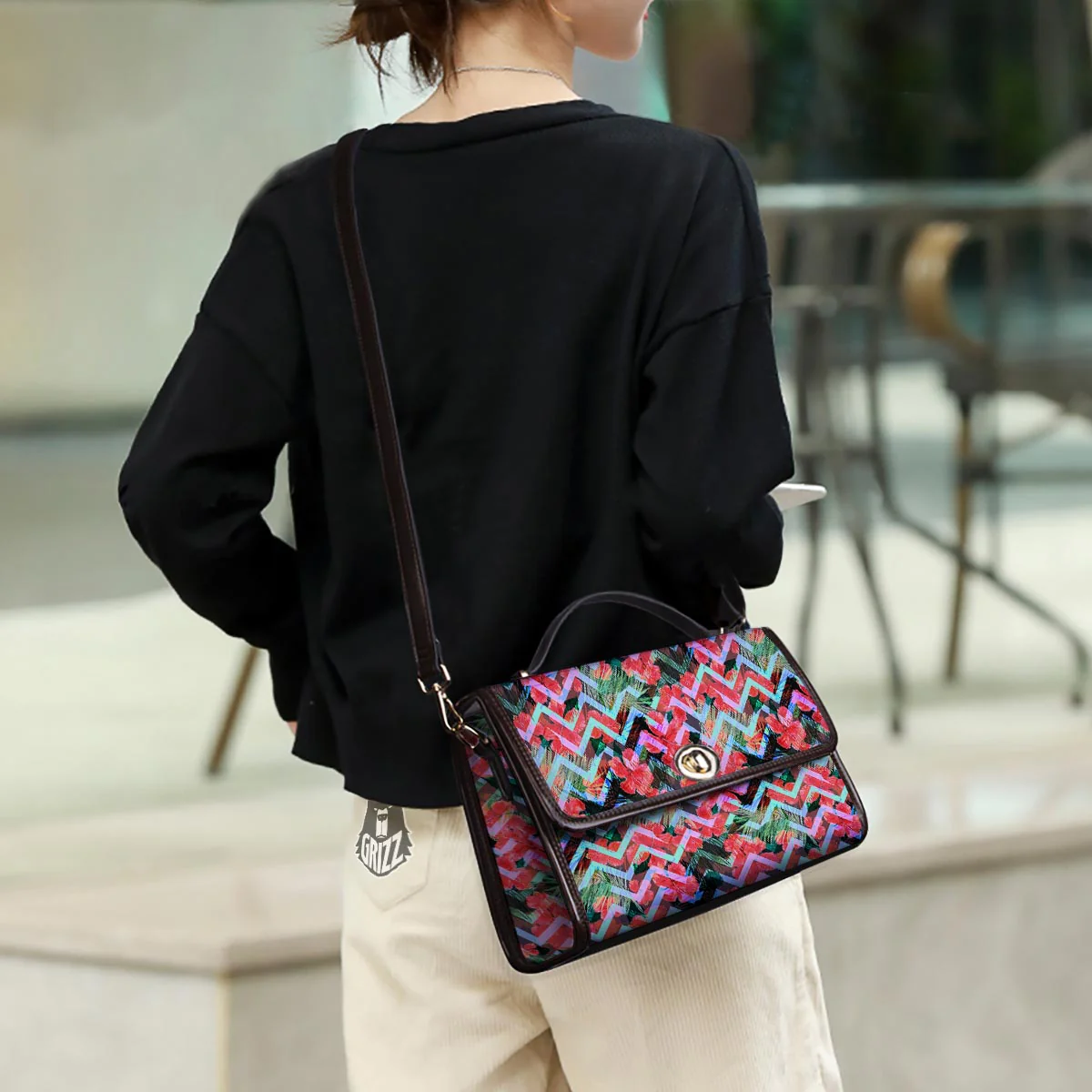 Chevron Red Hibiscus Print Pattern Women's Satchel Bag - Image 3