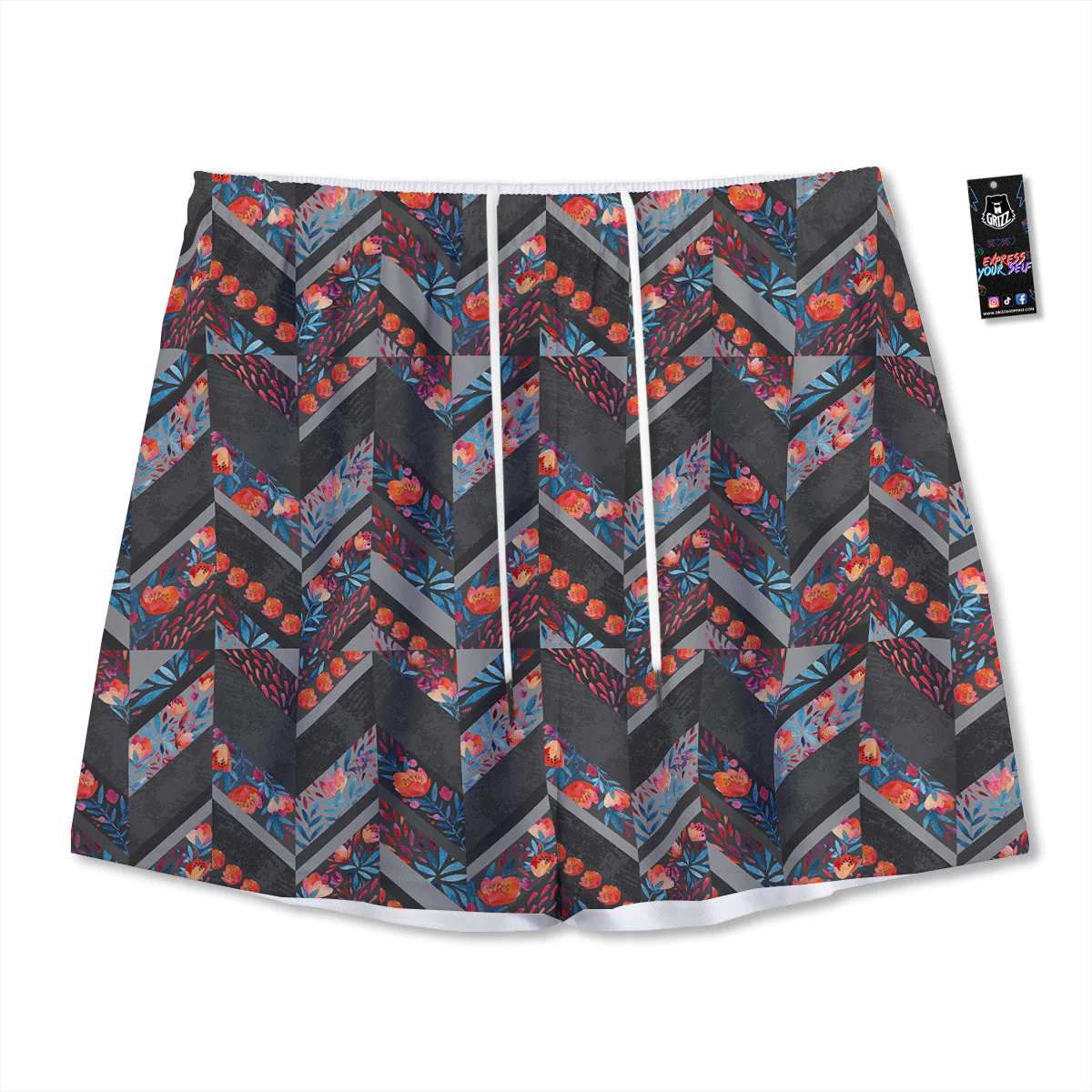 Chevron Watercolor Flowers Print Pattern Mesh Shorts