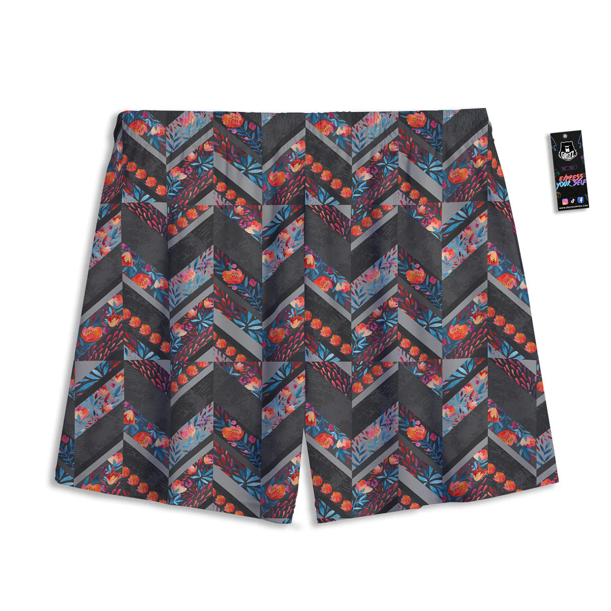 Chevron Watercolor Flowers Print Pattern Mesh Shorts - Image 2