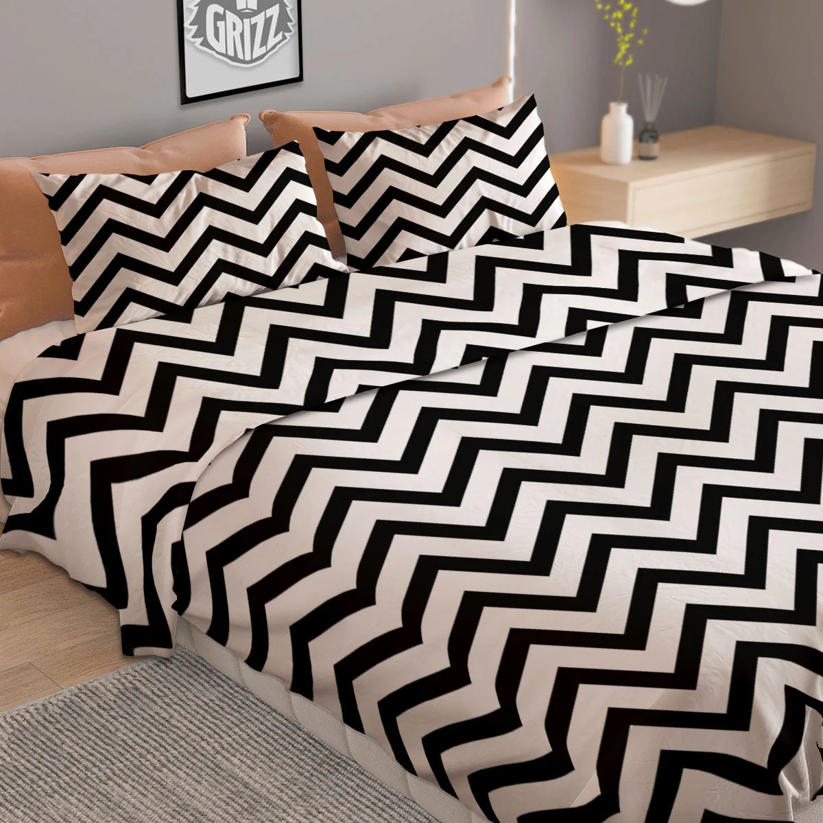 Chevron White And Black Print Pattern Duvet Cover Bedding Set - Image 2