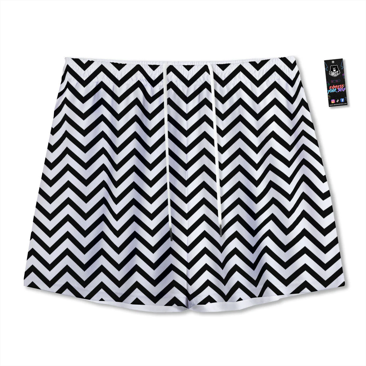 Chevron White And Black Print Pattern Mesh Shorts