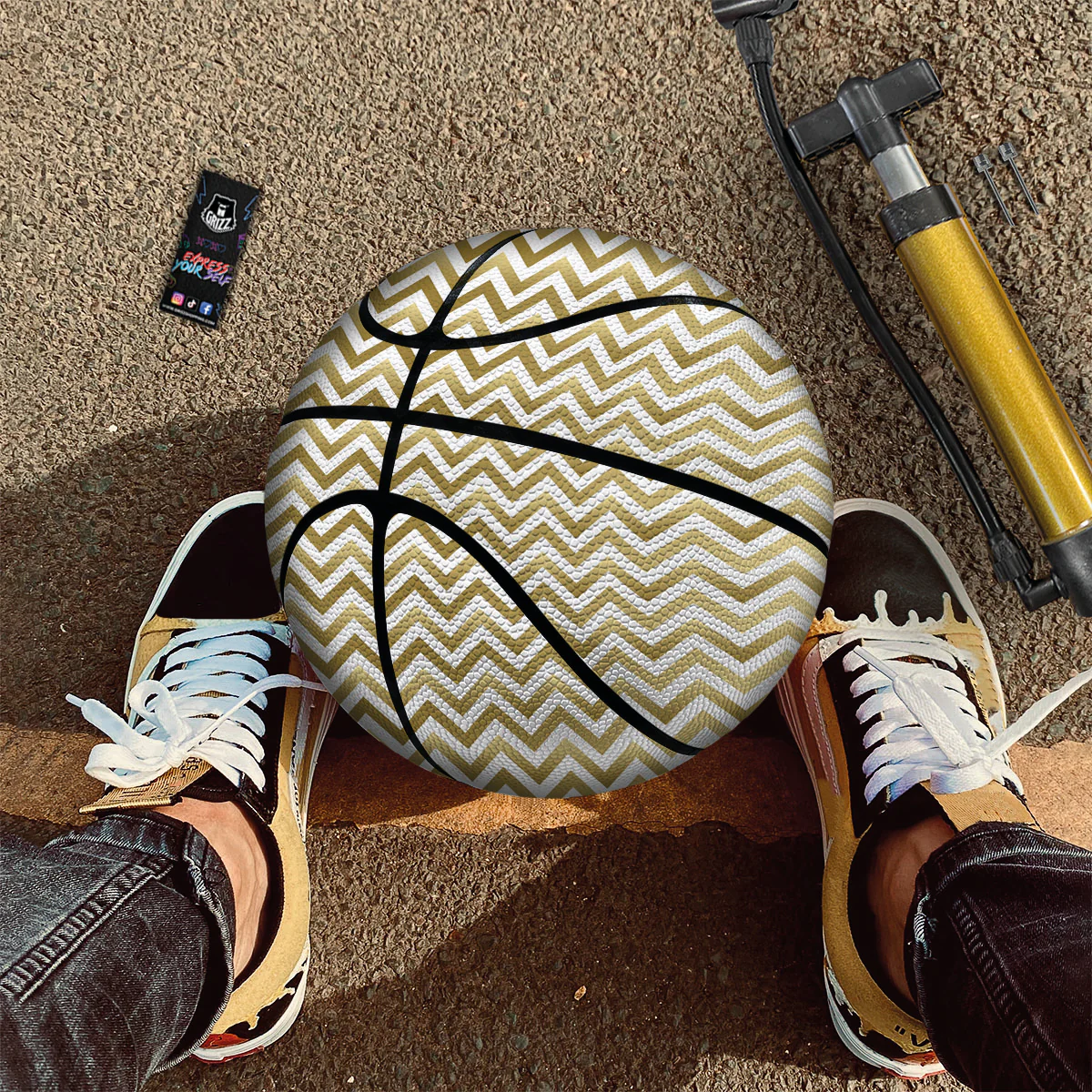 Chevron White And Gold Print Pattern Basketball - Image 2