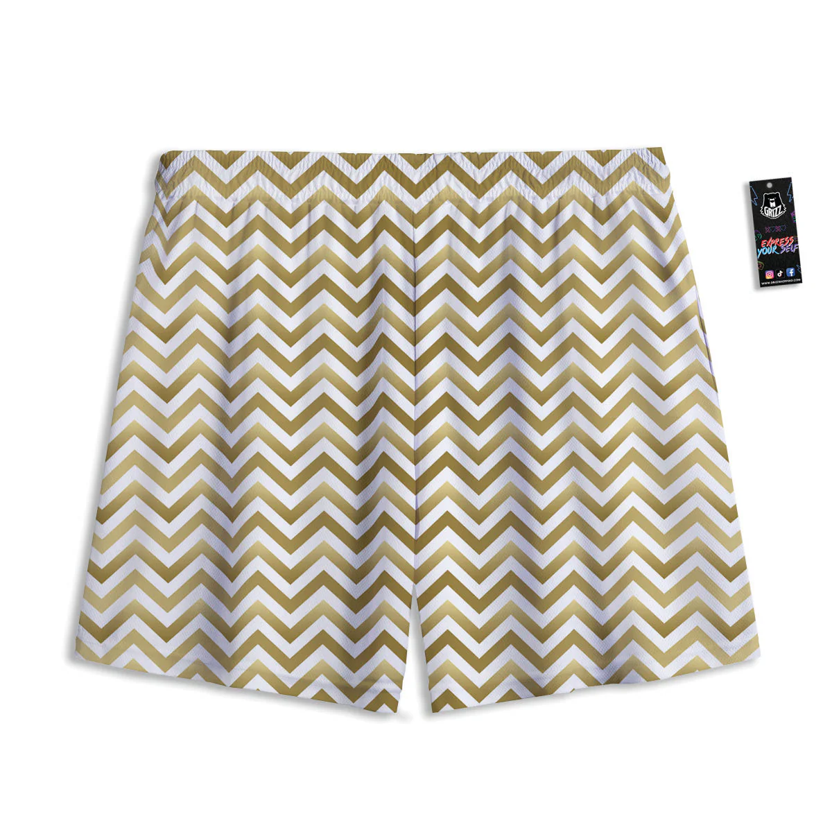 Chevron White And Gold Print Pattern Mesh Shorts - Image 2