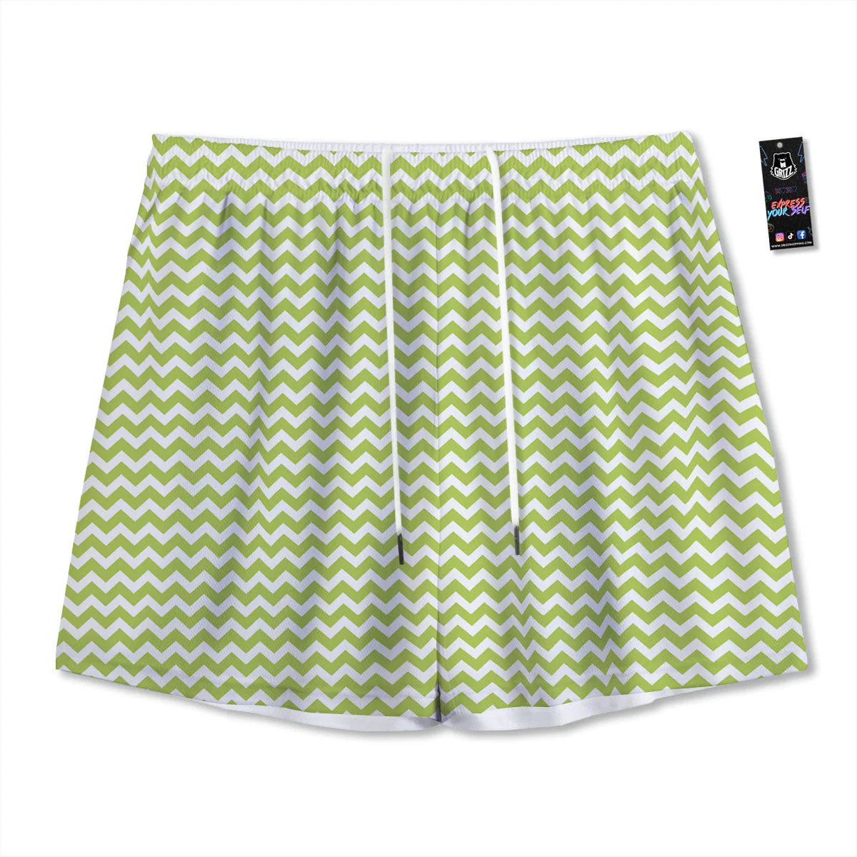 Chevron White And Green Print Pattern Mesh Shorts