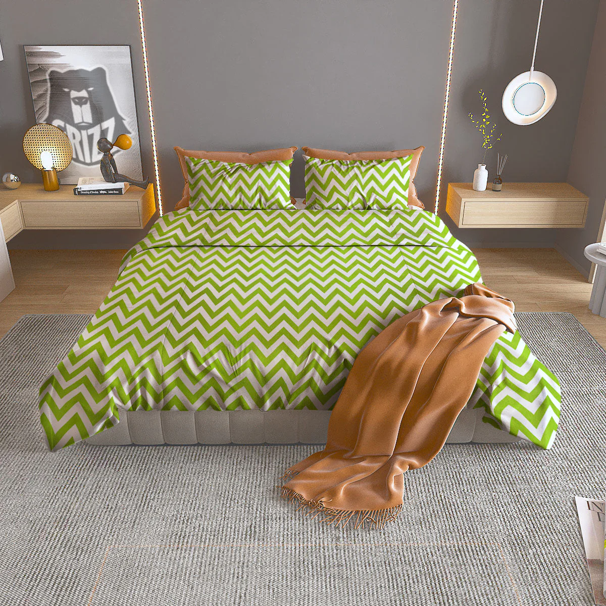 Chevron White And Lime Green Print Duvet Cover Bedding Set