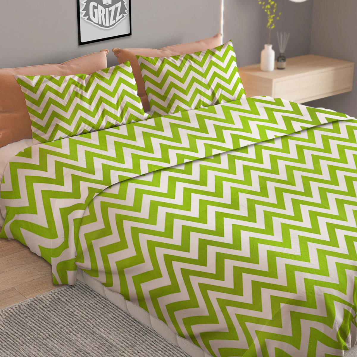 Chevron White And Lime Green Print Duvet Cover Bedding Set - Image 2