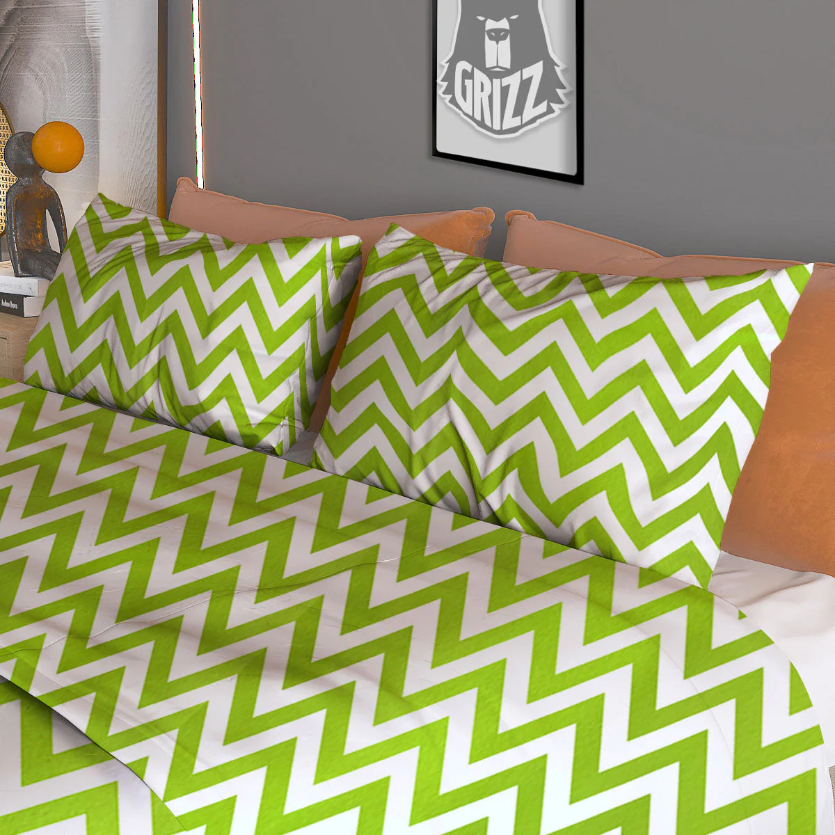 Chevron White And Lime Green Print Duvet Cover Bedding Set - Image 3