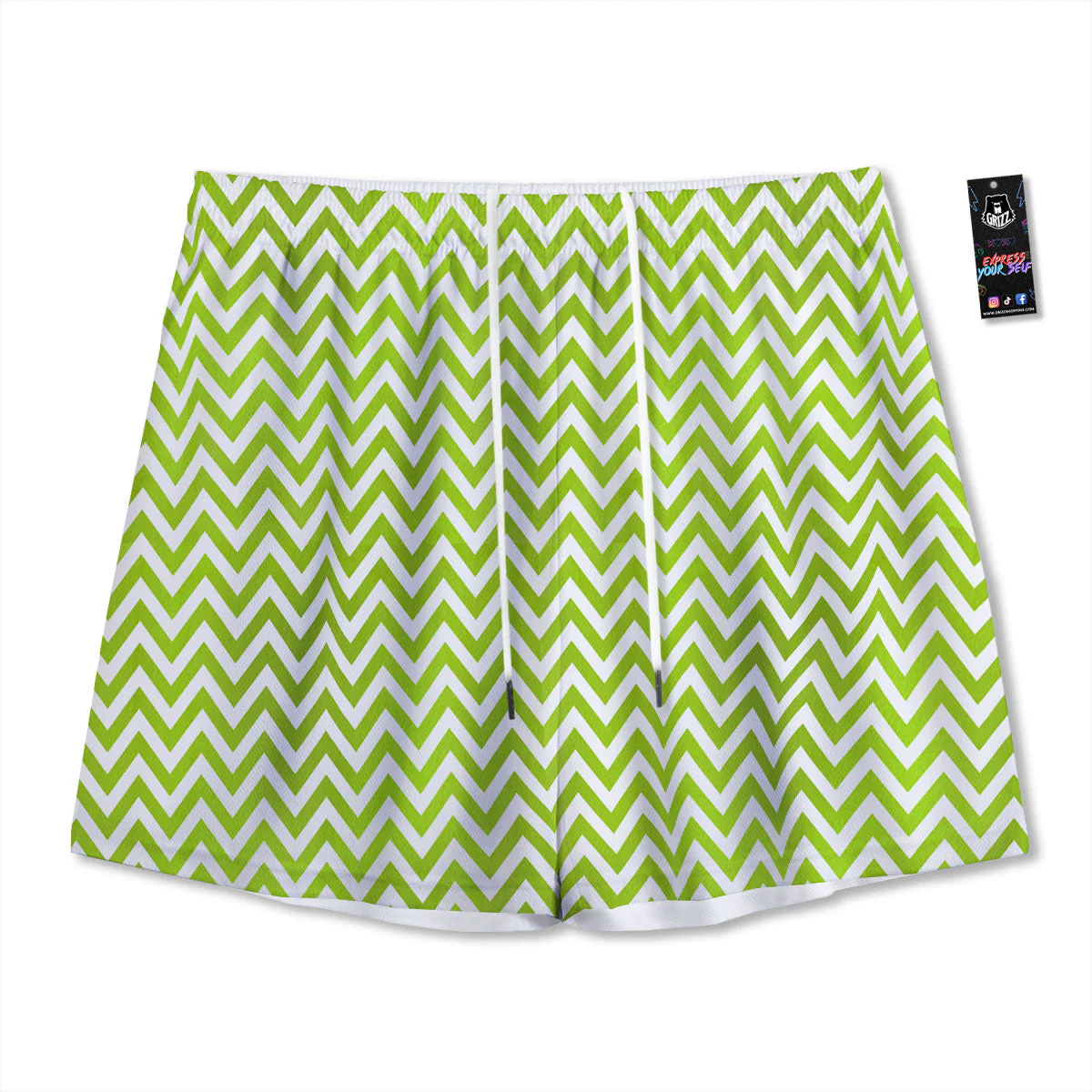 Chevron White And Lime Green Print Mesh Shorts
