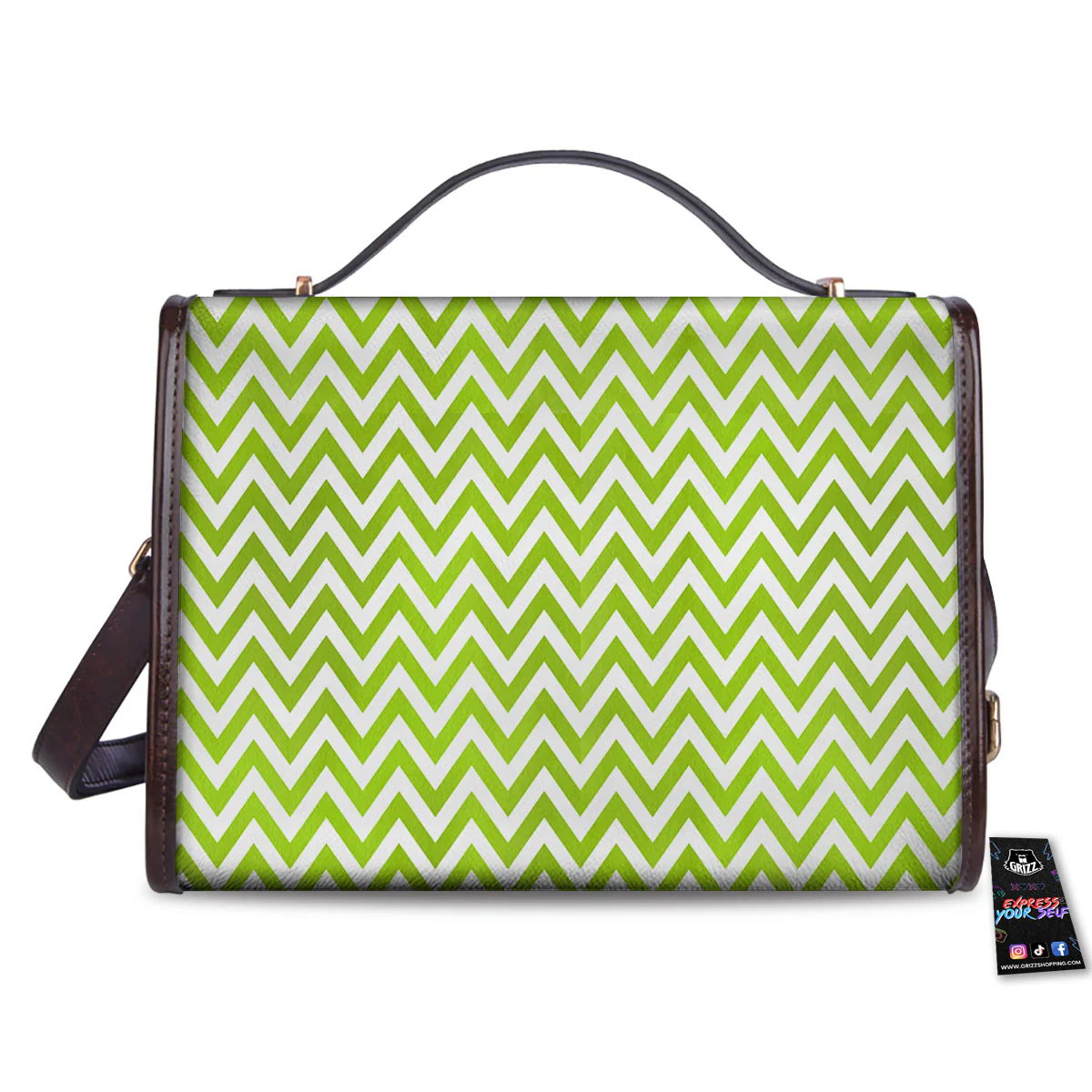 Chevron White And Lime Green Print Women's Satchel Bag - Image 2