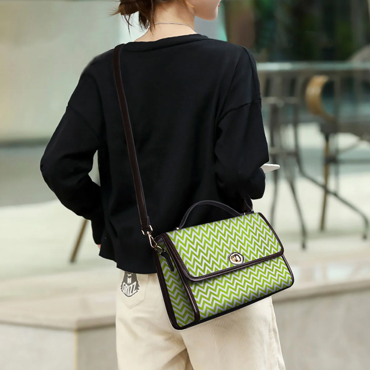 Chevron White And Lime Green Print Women's Satchel Bag - Image 3