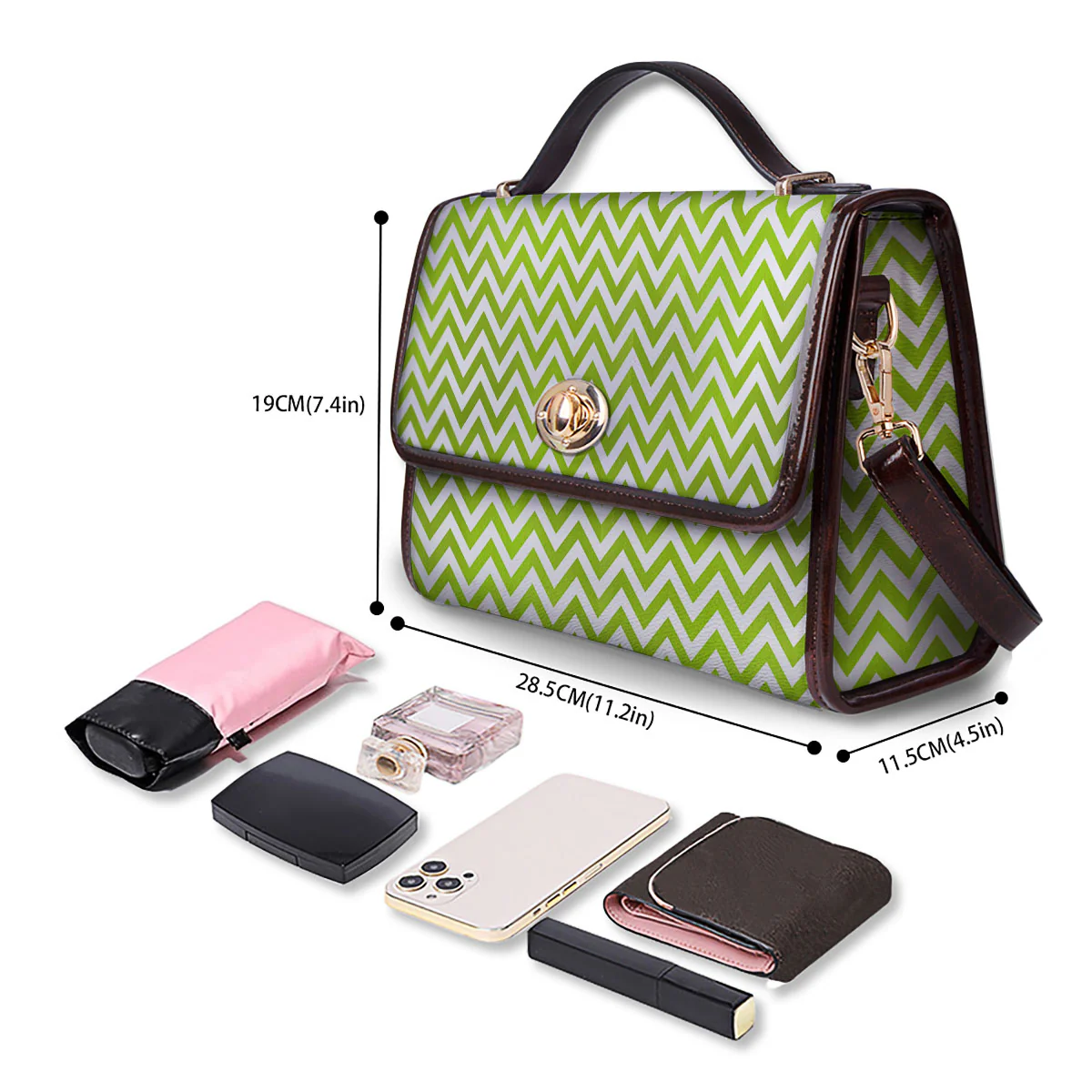 Chevron White And Lime Green Print Women's Satchel Bag - Image 4