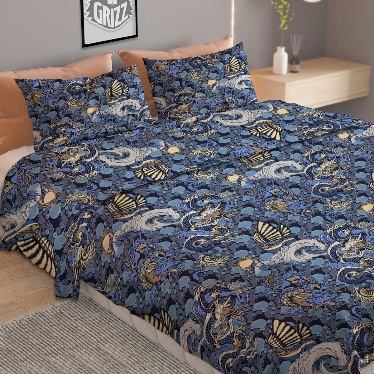 Chinese Dragon Sea Print Pattern Duvet Cover Bedding Set - Image 2