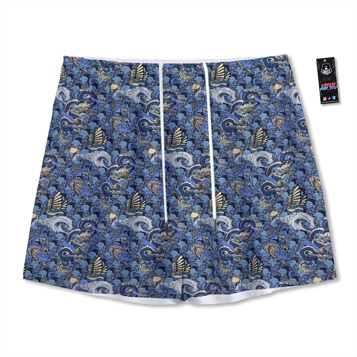 Chinese Dragon Sea Print Pattern Mesh Shorts