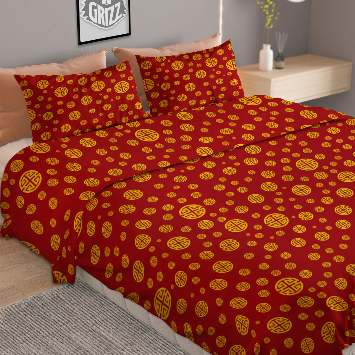Chinese Gold Print Pattern Duvet Cover Bedding Set - Image 2