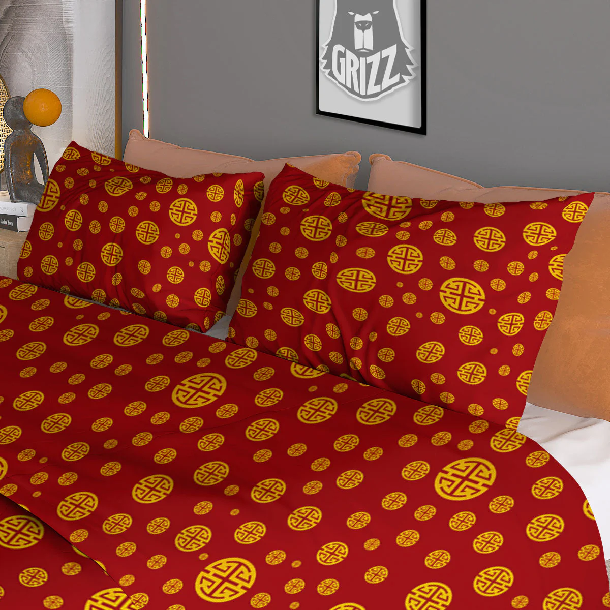 Chinese Gold Print Pattern Duvet Cover Bedding Set - Image 3