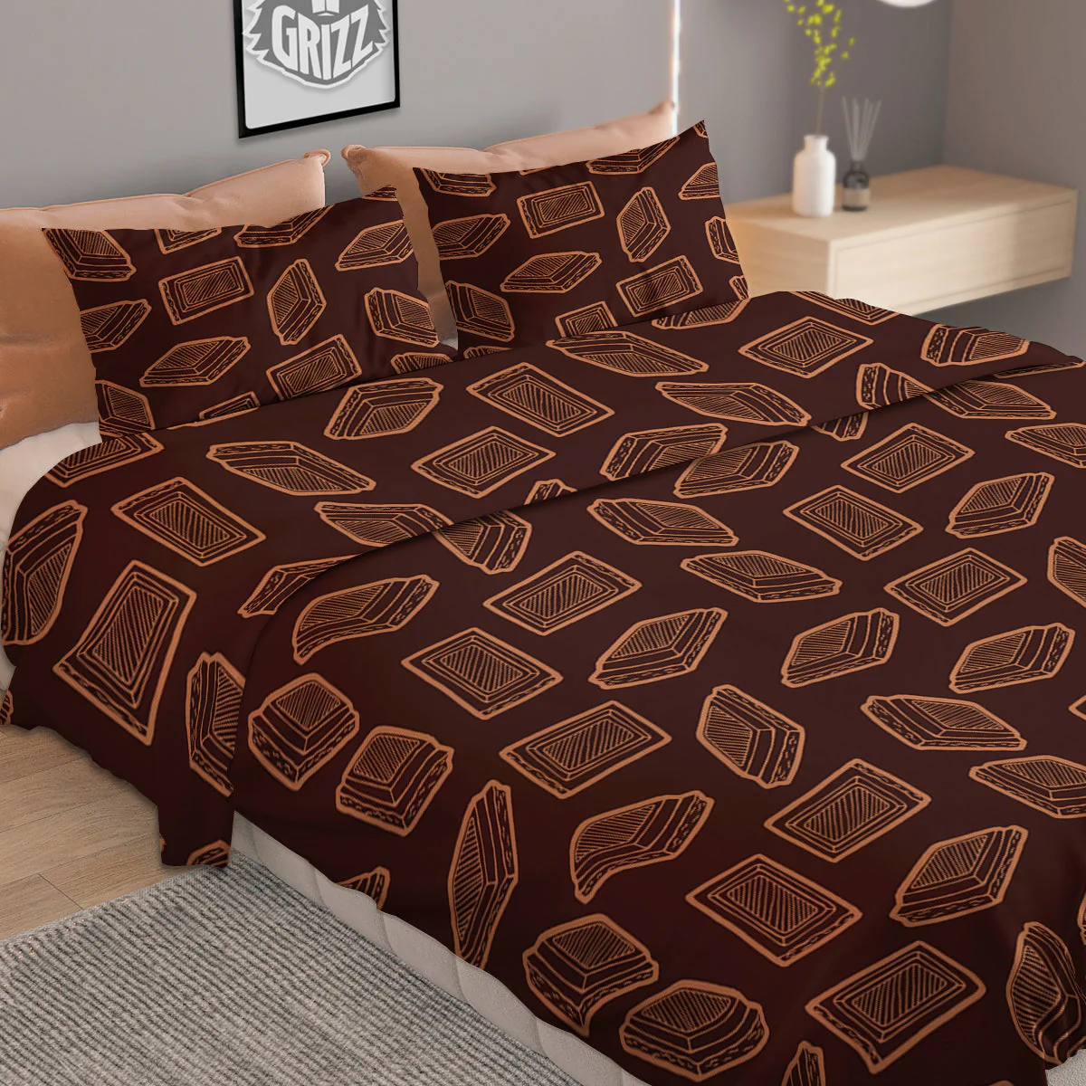 Chocolate Vintage Print Pattern Duvet Cover Bedding Set - Image 2
