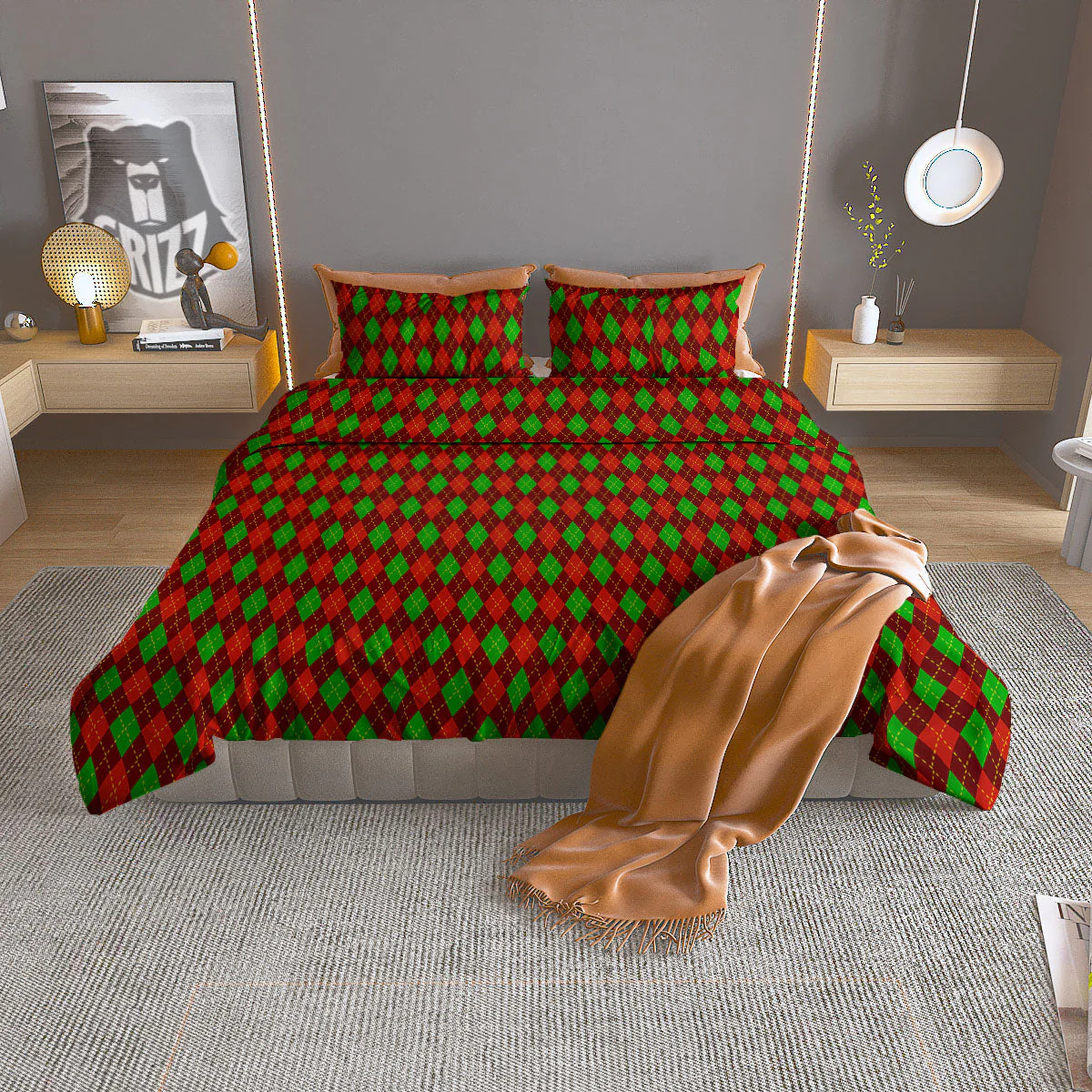 Christmas Argyle Red And Green Print Duvet Cover Bedding Set