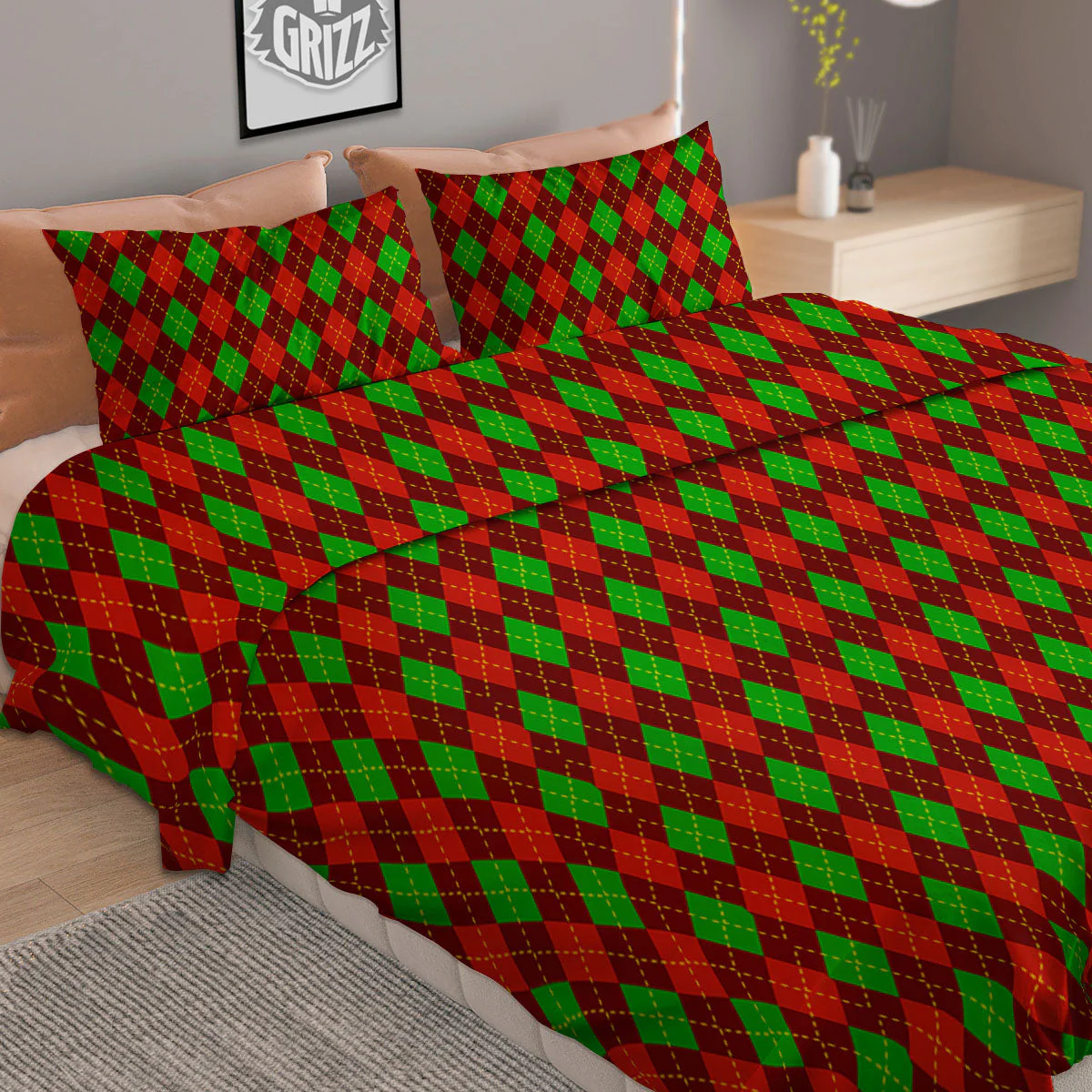 Christmas Argyle Red And Green Print Duvet Cover Bedding Set - Image 2