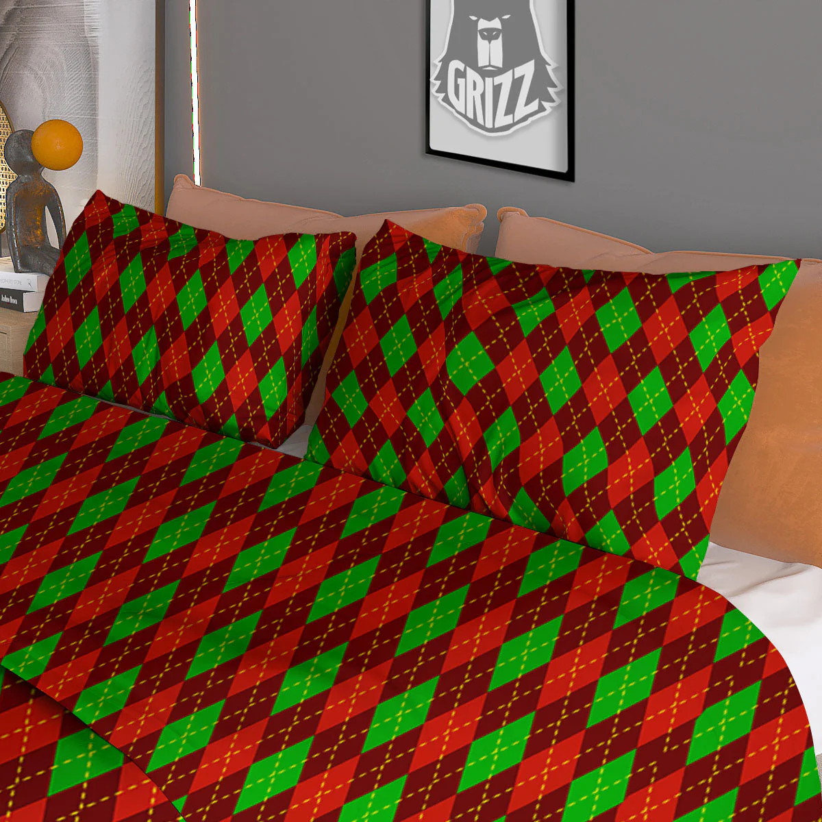Christmas Argyle Red And Green Print Duvet Cover Bedding Set - Image 3