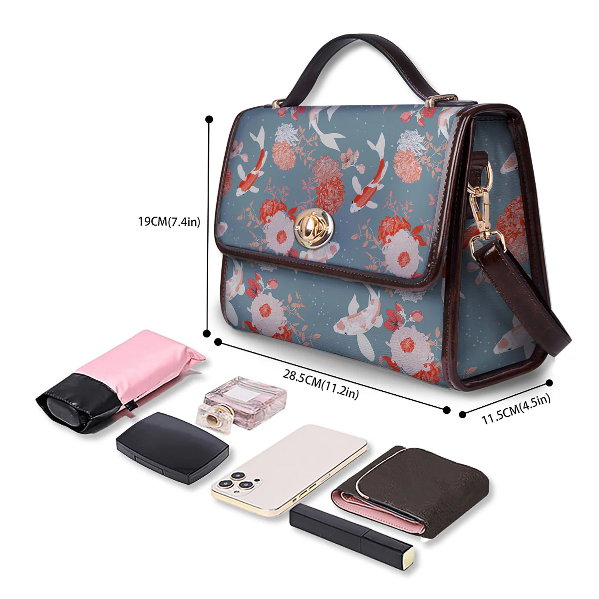 Chrysanthemum And Koi Carp Print Pattern Women's Satchel Bag - Image 4