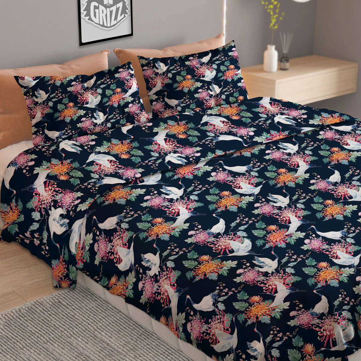 Chrysanthemums And Japanese Cranes Print Duvet Cover Bedding Set - Image 2
