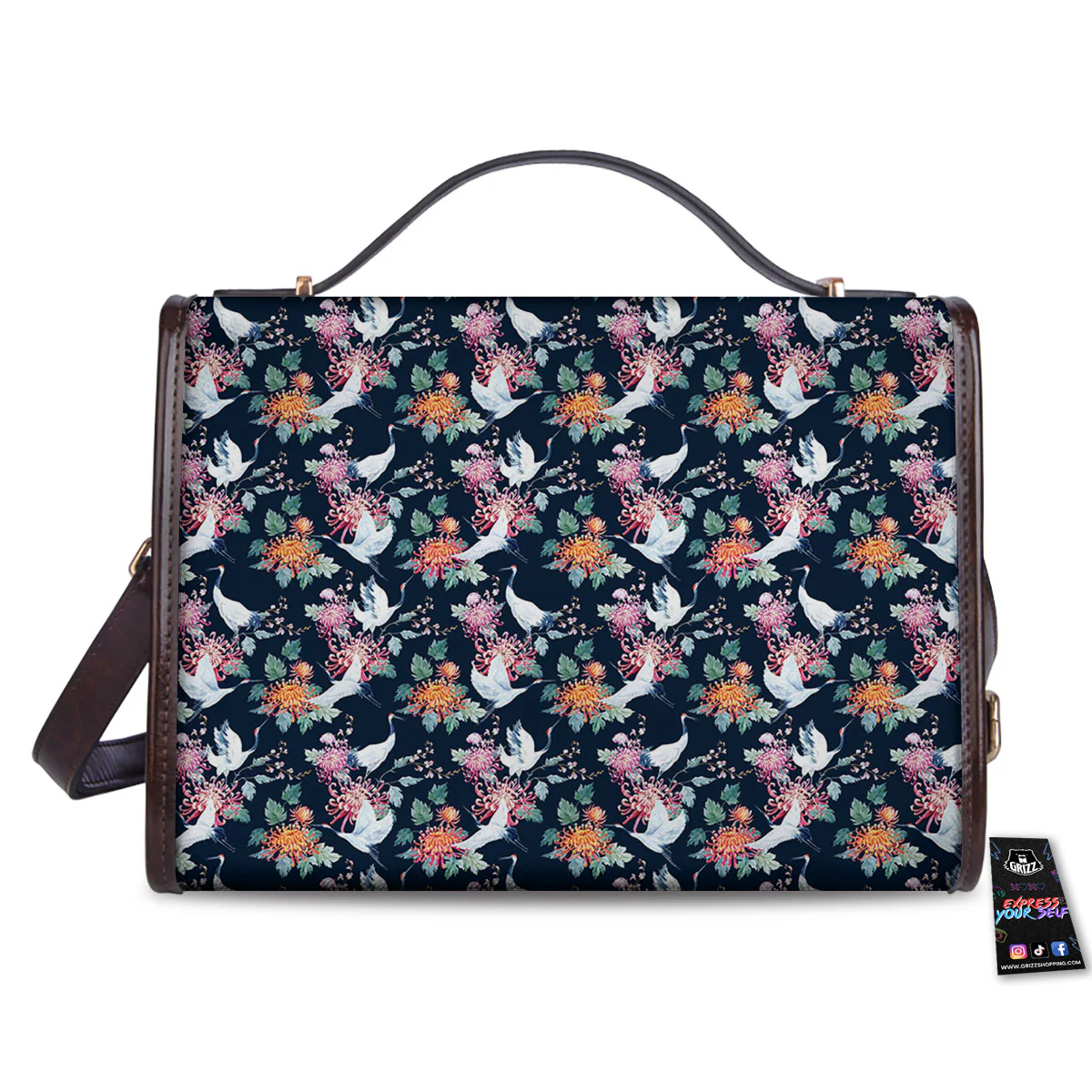 Chrysanthemums And Japanese Cranes Print Women's Satchel Bag - Image 2