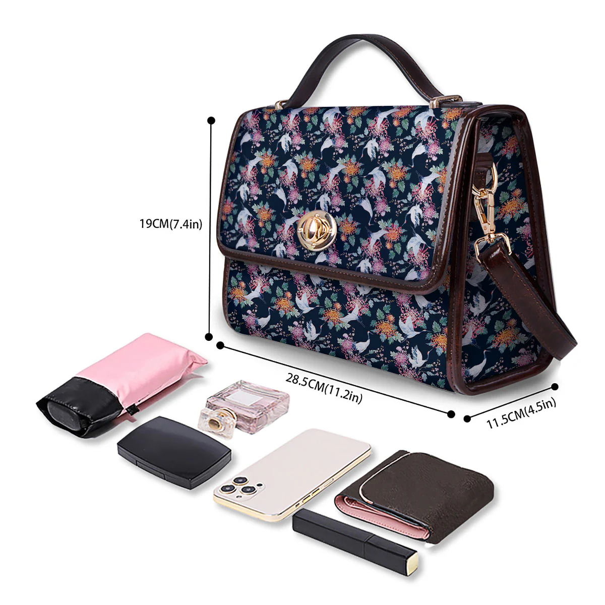 Chrysanthemums And Japanese Cranes Print Women's Satchel Bag - Image 4