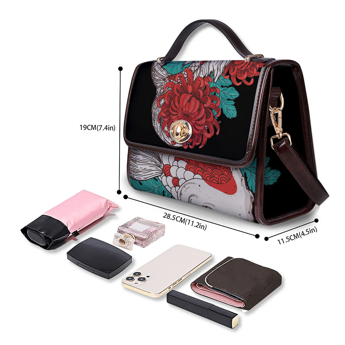 Chrysanthemums And Japanese Koi Print Women's Satchel Bag - Image 4