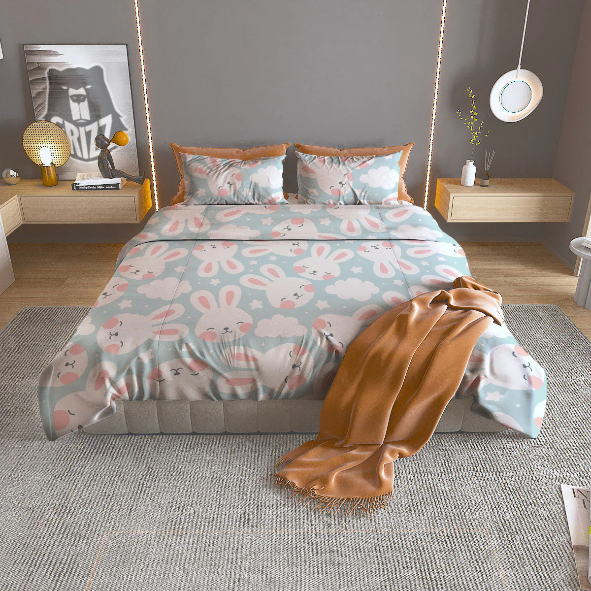 Cloud And Rabbit Print Pattern Duvet Cover Bedding Set