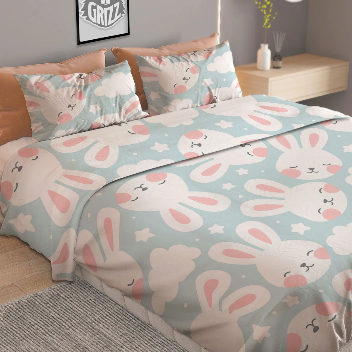 Cloud And Rabbit Print Pattern Duvet Cover Bedding Set - Image 2