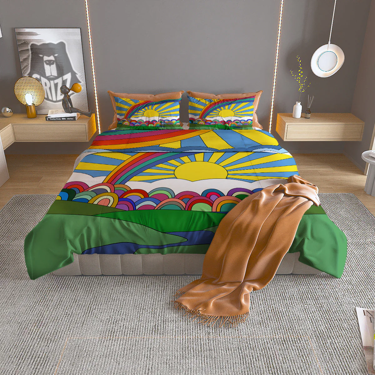 Clouds Rainbows Hippie Art Print Duvet Cover Bedding Set
