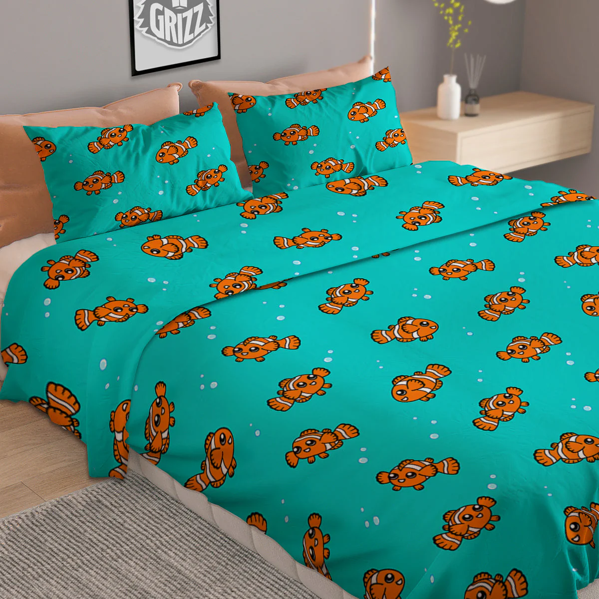 Clownfish Cute Watercolor Blue Print Pattern Duvet Cover Bedding Set - Image 2