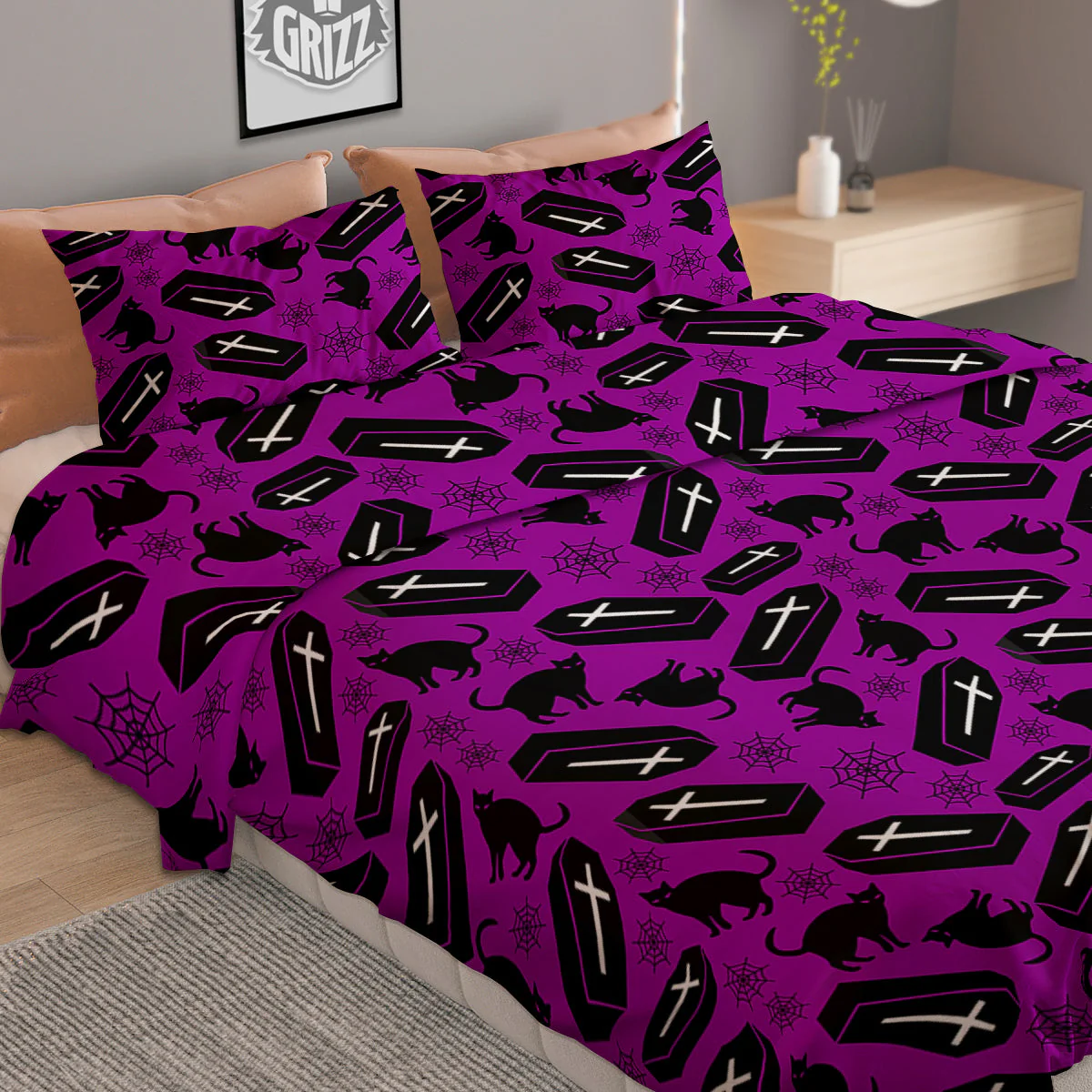 Coffin And Cat Purple Print Pattern Duvet Cover Bedding Set - Image 2