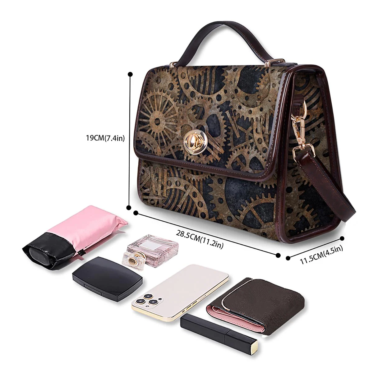 Cogs And Gears Steampunk Brass Print Women's Satchel Bag - Image 4