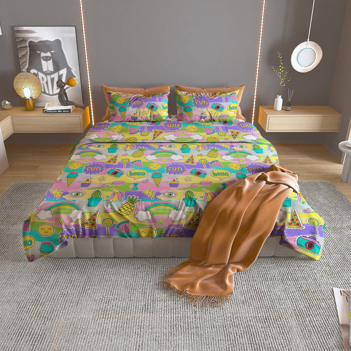 Colorful And Cute Stickers Print Pattern Duvet Cover Bedding Set