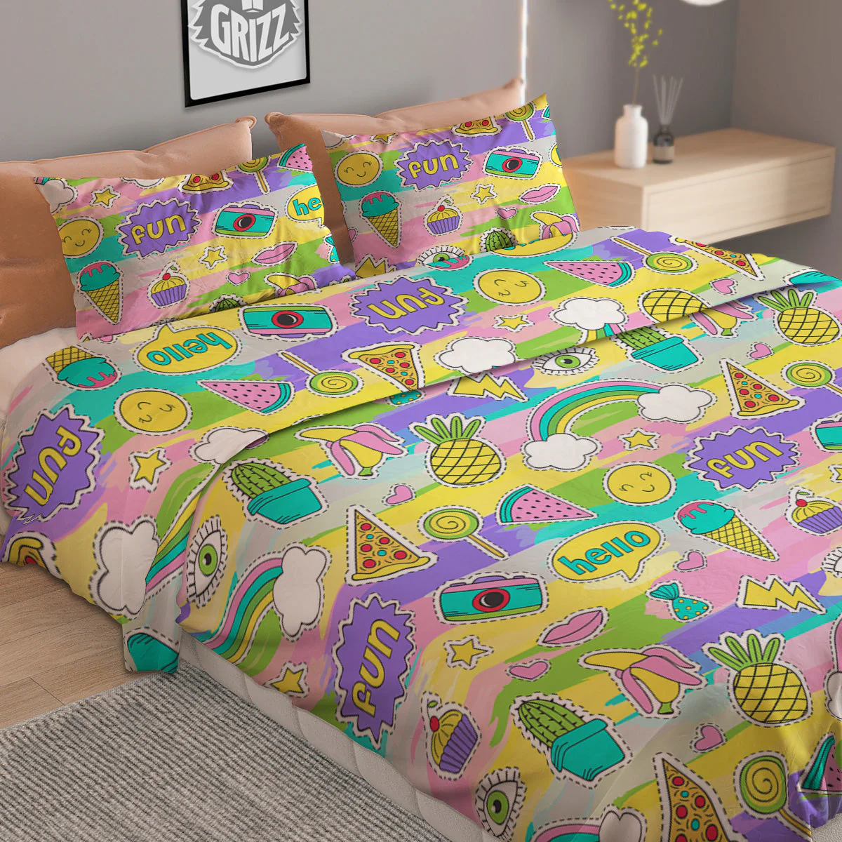 Colorful And Cute Stickers Print Pattern Duvet Cover Bedding Set - Image 2