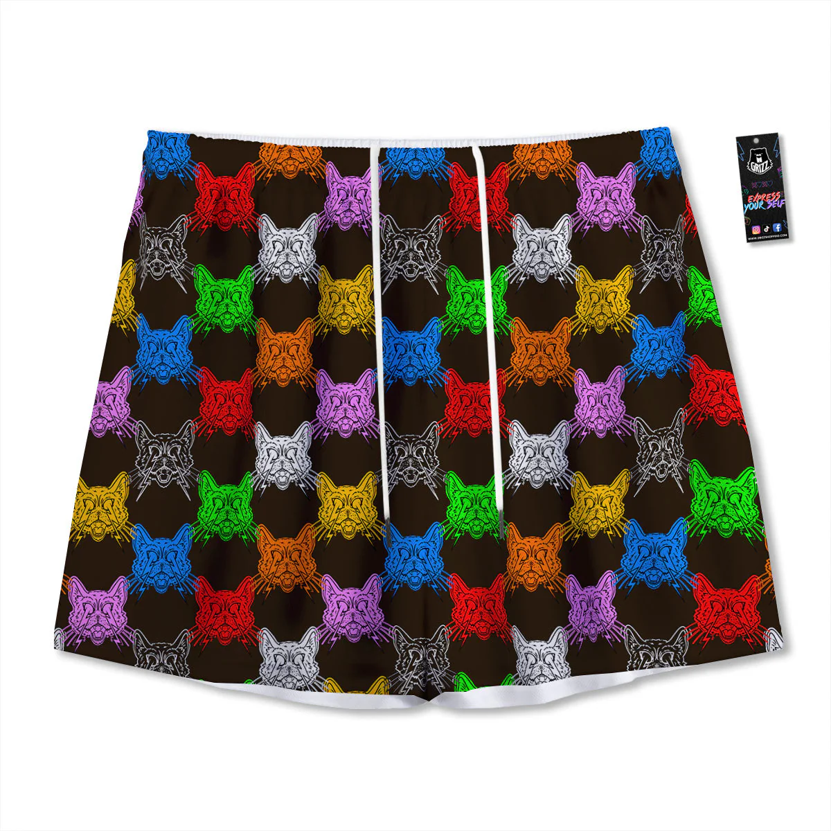 Colorful Crazy Cat Print Pattern Mesh Shorts