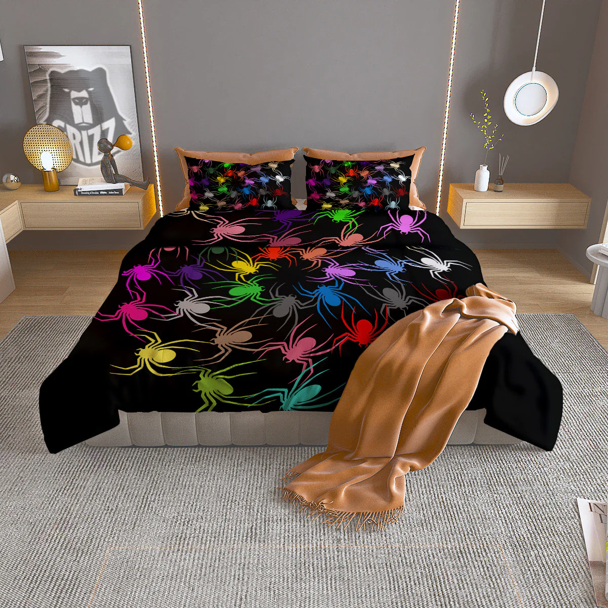 Colorful Spider And Spiral Web Print Duvet Cover Bedding Set